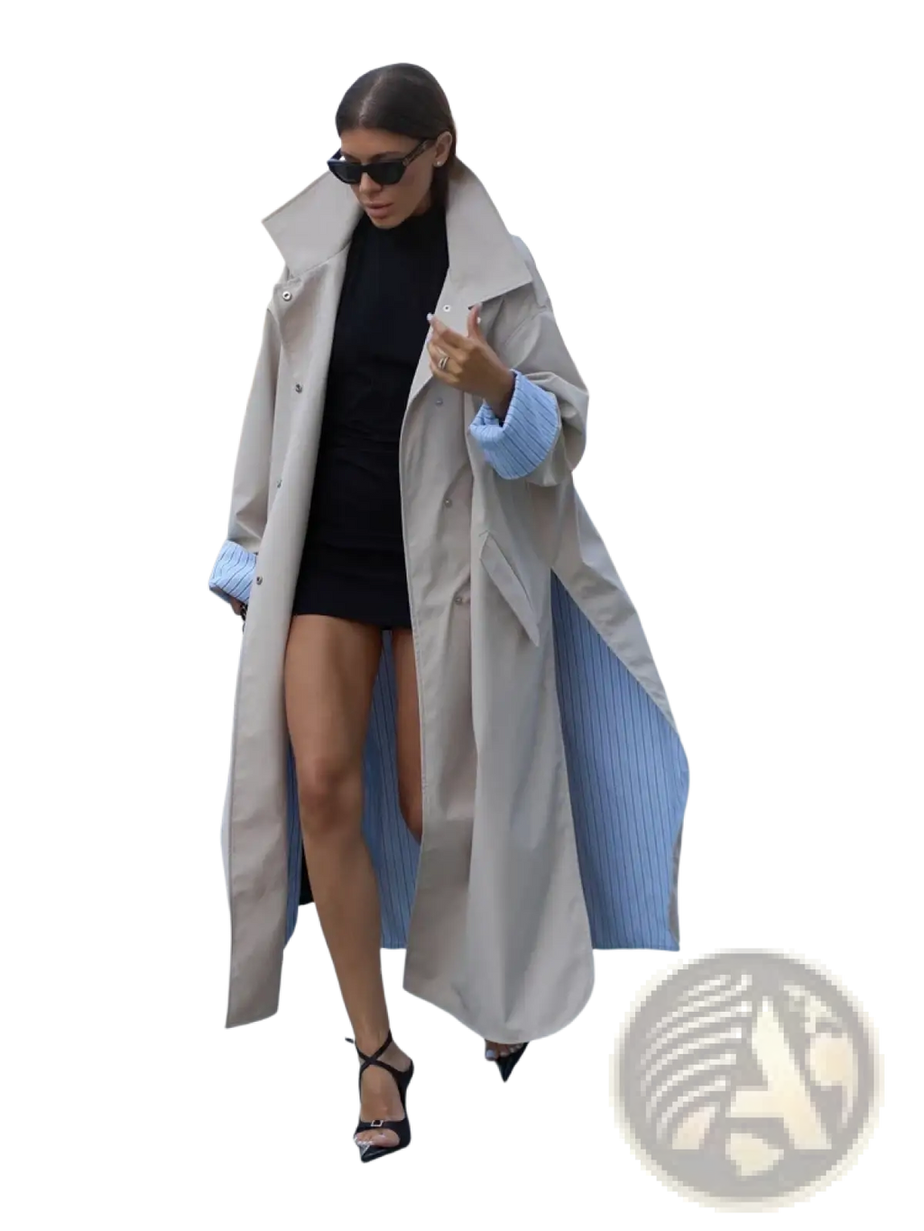 Beige trench coat with a high collar and side slit featuring light blue pinstriped lining for elegant outerwear