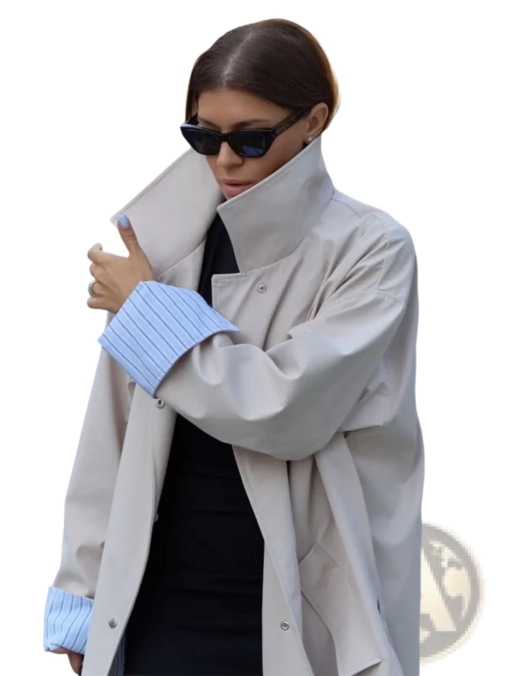 Beige trench coat with high collar and buttoned cuffs featuring elegant light blue striped inner lining