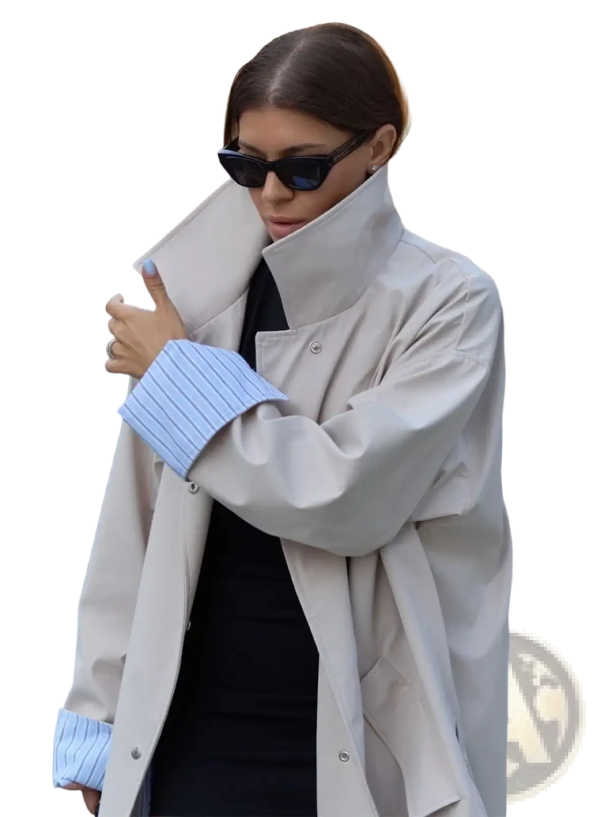Beige trench coat with high collar and buttoned cuffs featuring elegant light blue striped inner lining