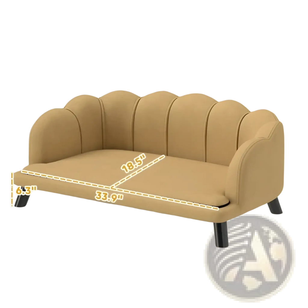 Beige upholstered scalloped pet sofa loveseat with black legs and fabric upholstery for small pets
