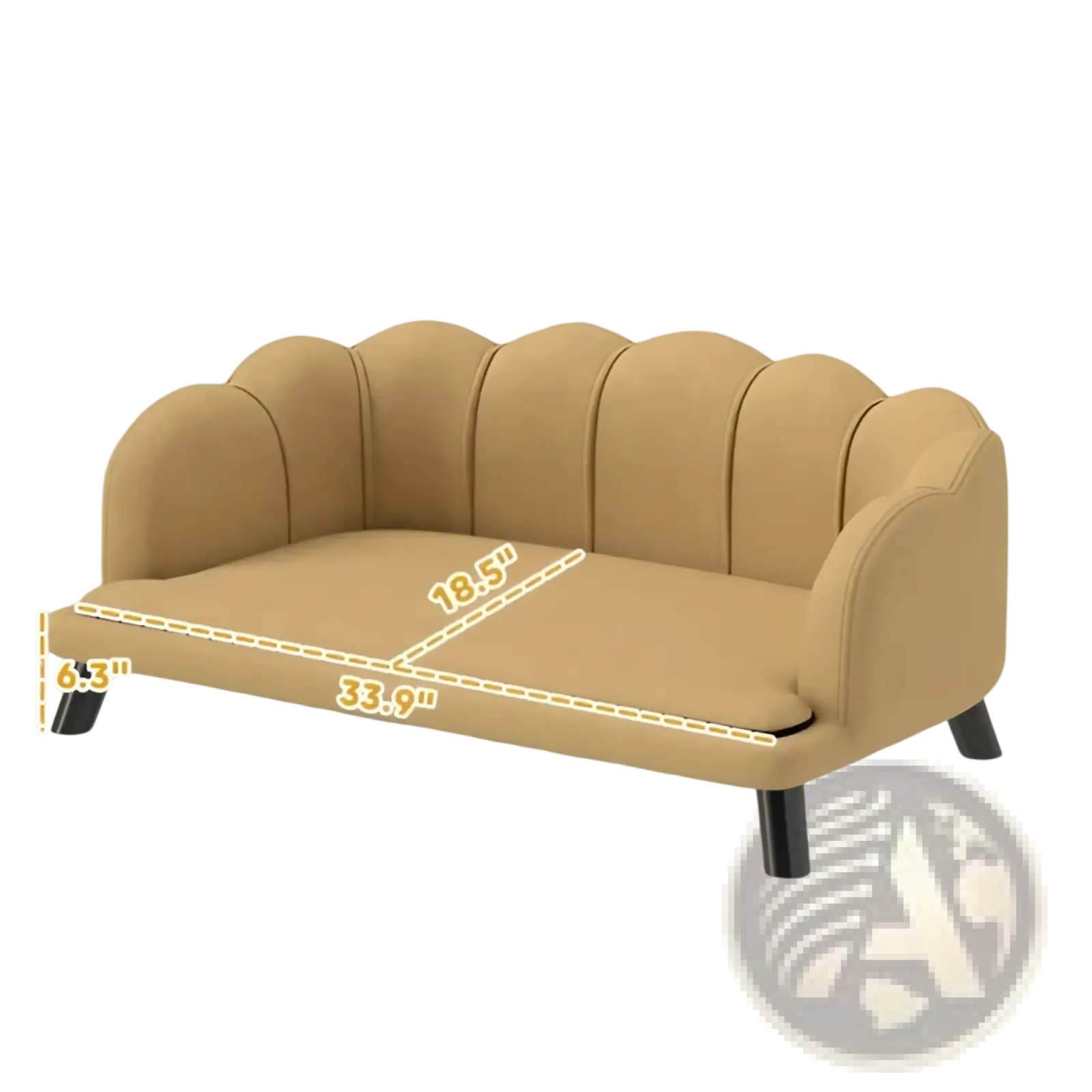 Beige upholstered scalloped pet sofa loveseat with black legs and fabric upholstery for small pets