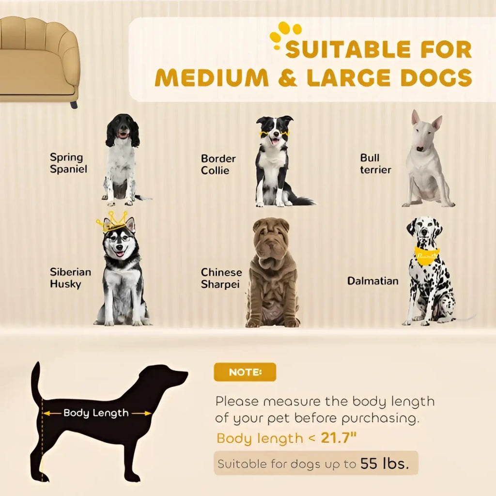 Beige upholstered scalloped pet sofa loveseat designed for medium and large dogs up to 55 lbs with adjustable collar sizing