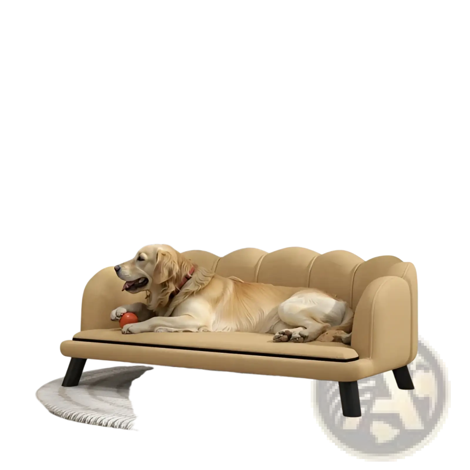 Beige upholstered scalloped pet sofa loveseat with beige faux leather material and black legs for pets