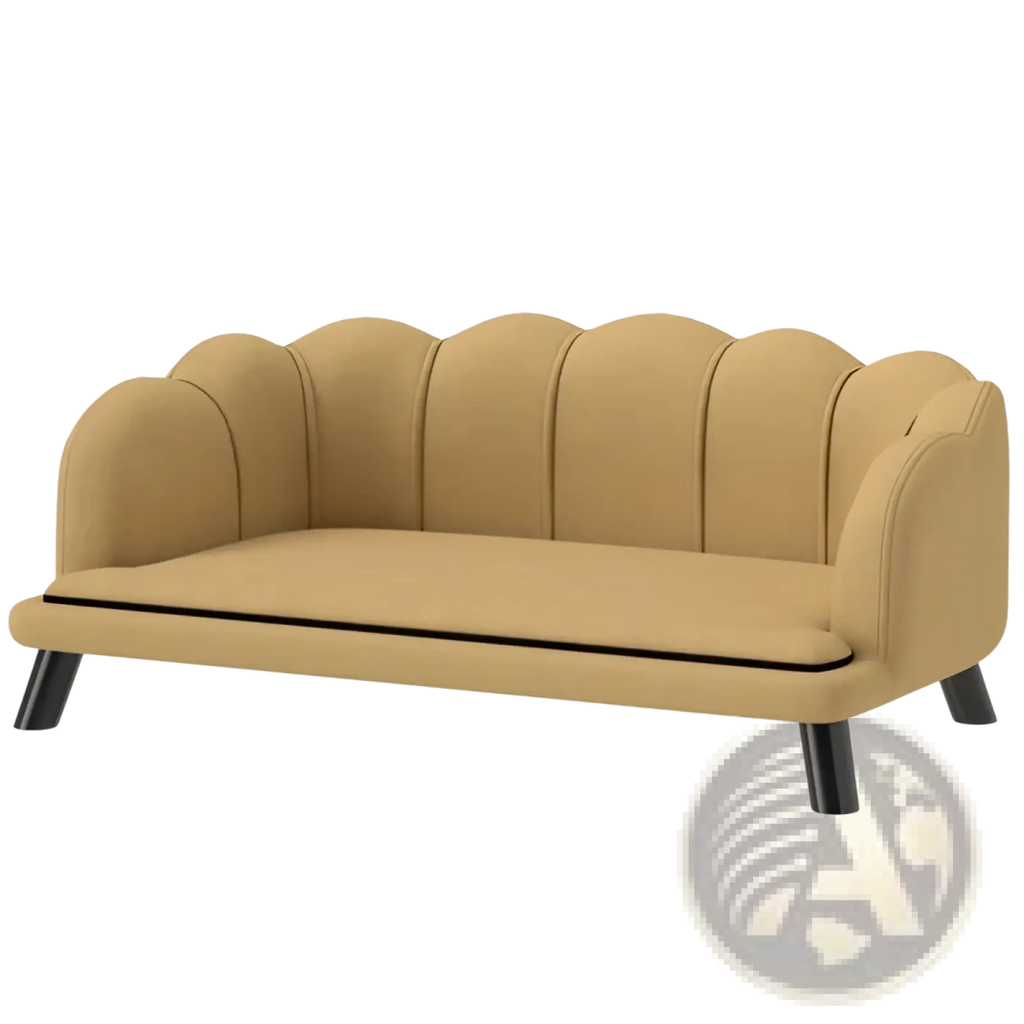 Beige upholstered scalloped pet sofa loveseat with black legs and a scalloped back design