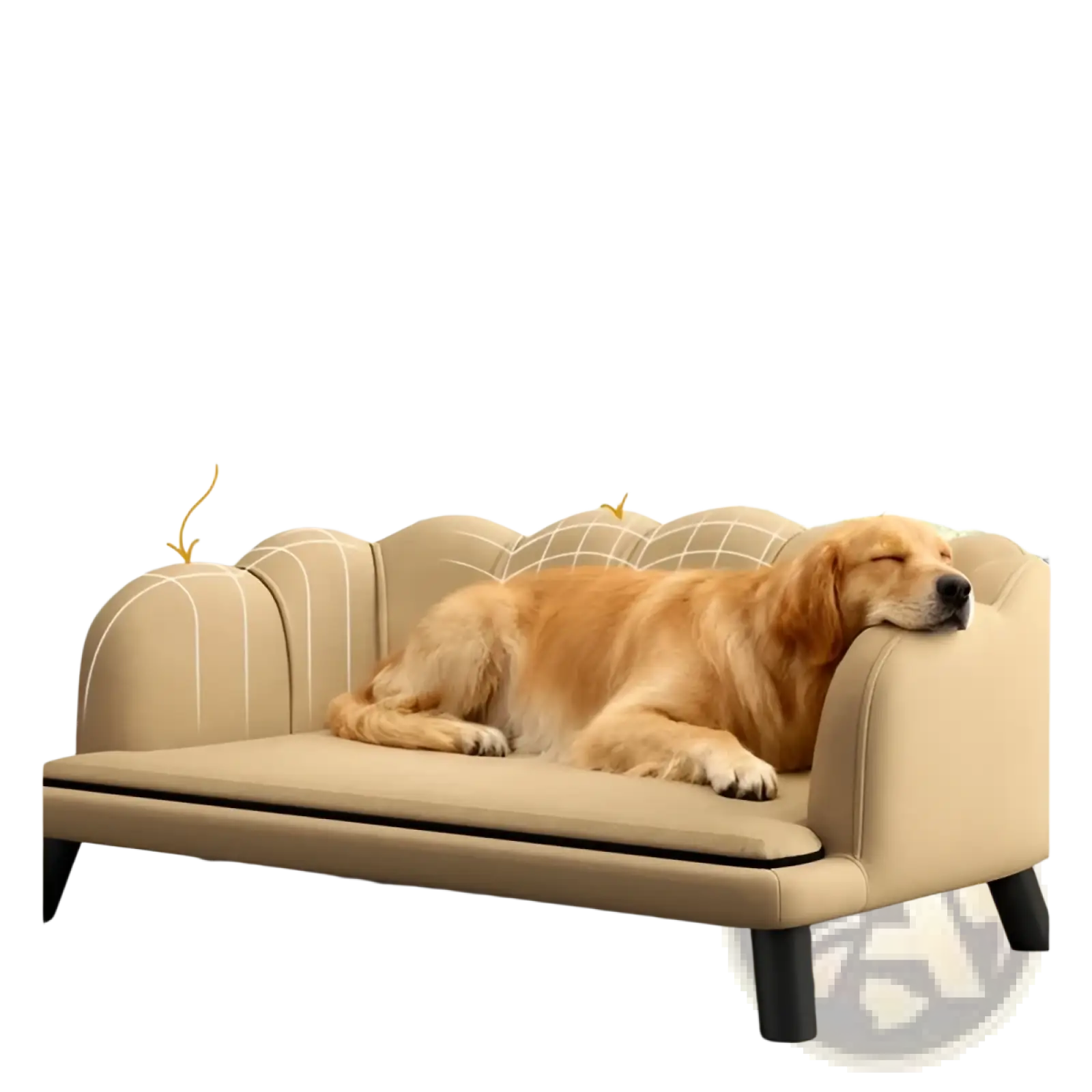 Beige upholstered scalloped pet sofa loveseat in faux leather with padded armrests and backrest for comfort and safety