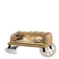 Beige upholstered scalloped pet sofa loveseat in faux leather with black legs designed for small pets