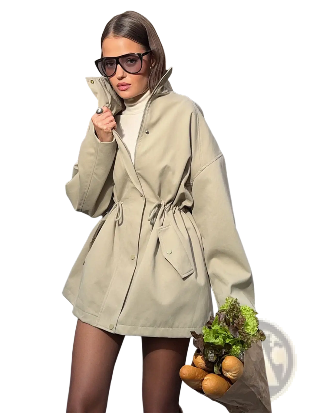 Beige utility trench coat with belted waist and front pockets designed for practical stylish outerwear use