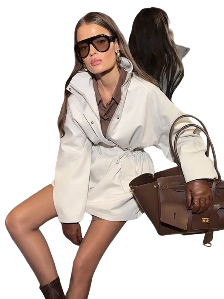 Brown leather handbag with gold hardware paired with beige utility trench coat featuring drawstring waist