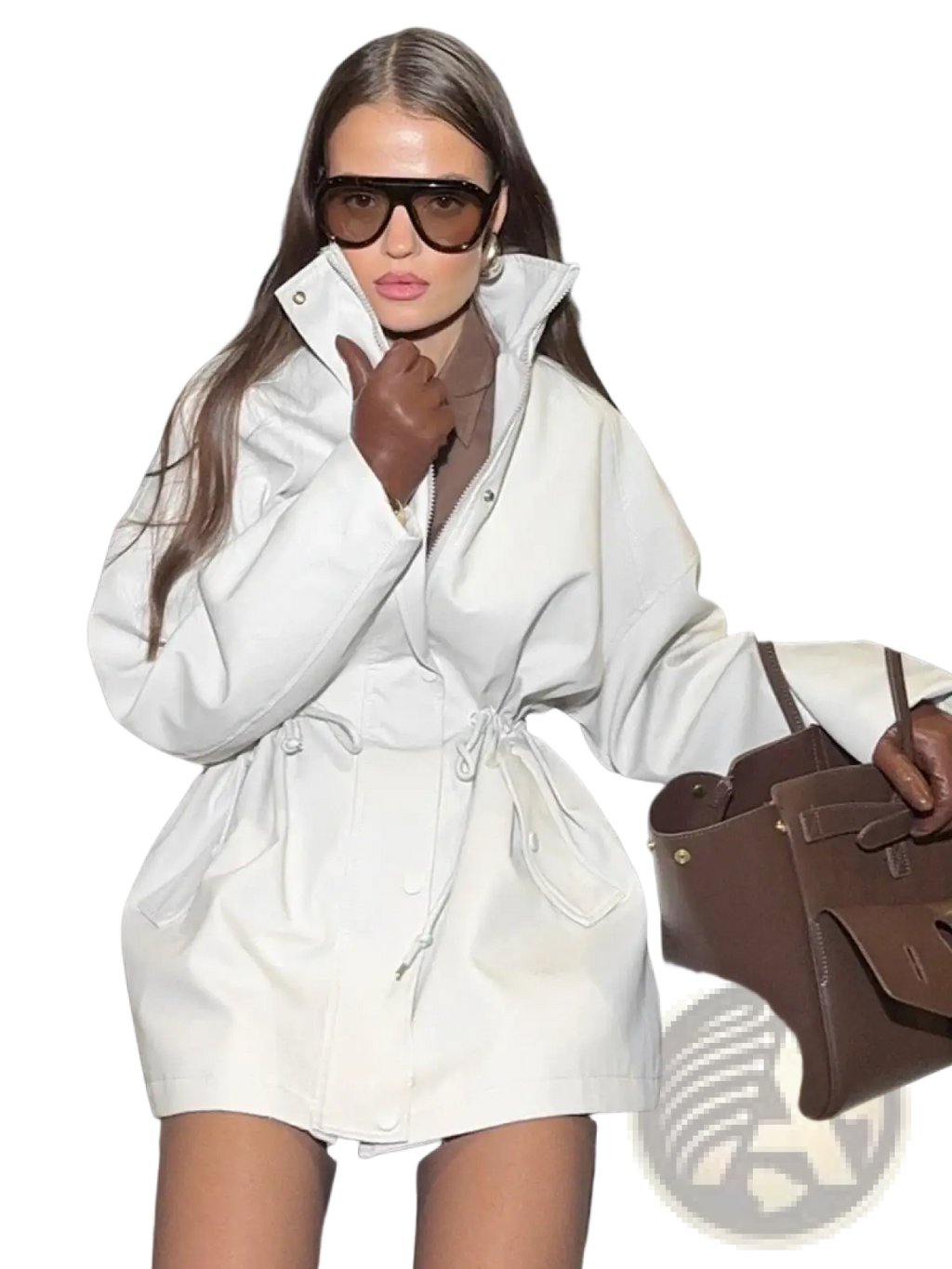 White leather trench coat with belted waist and large pockets in a beige utility trench coat style