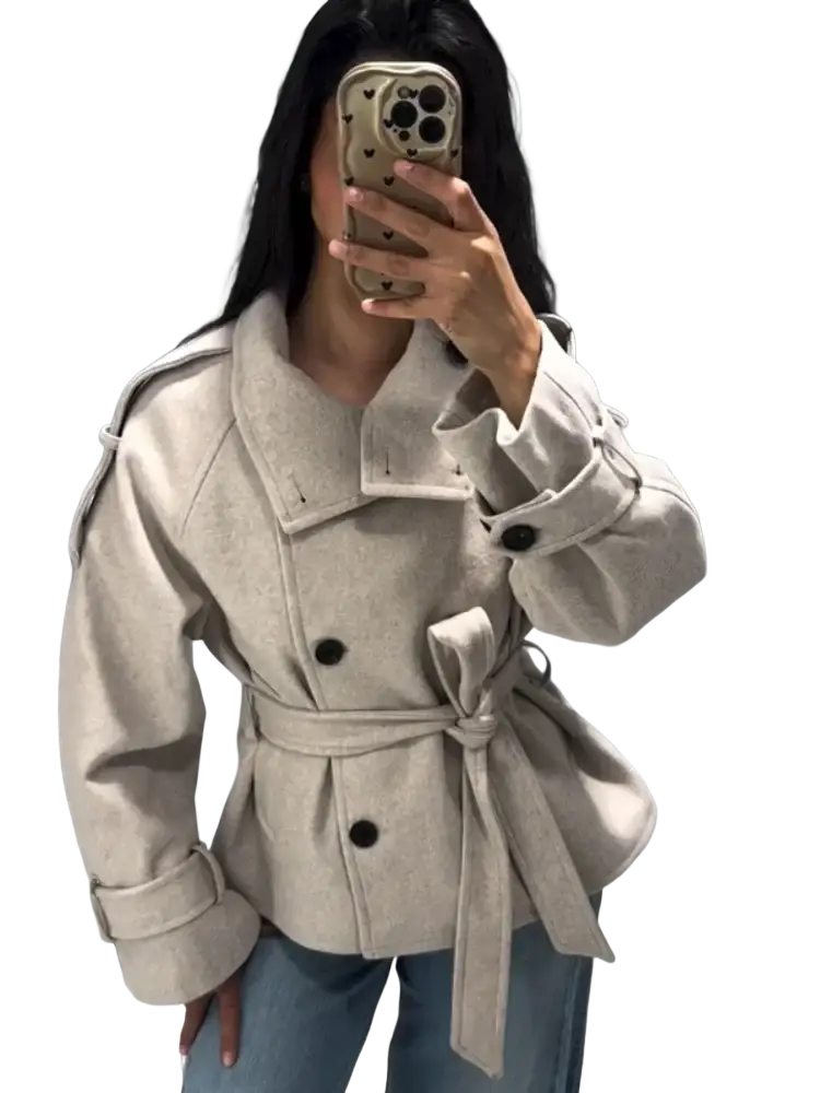 Beige wool belted short trench coat for women with black buttons and a self-tie belt front view