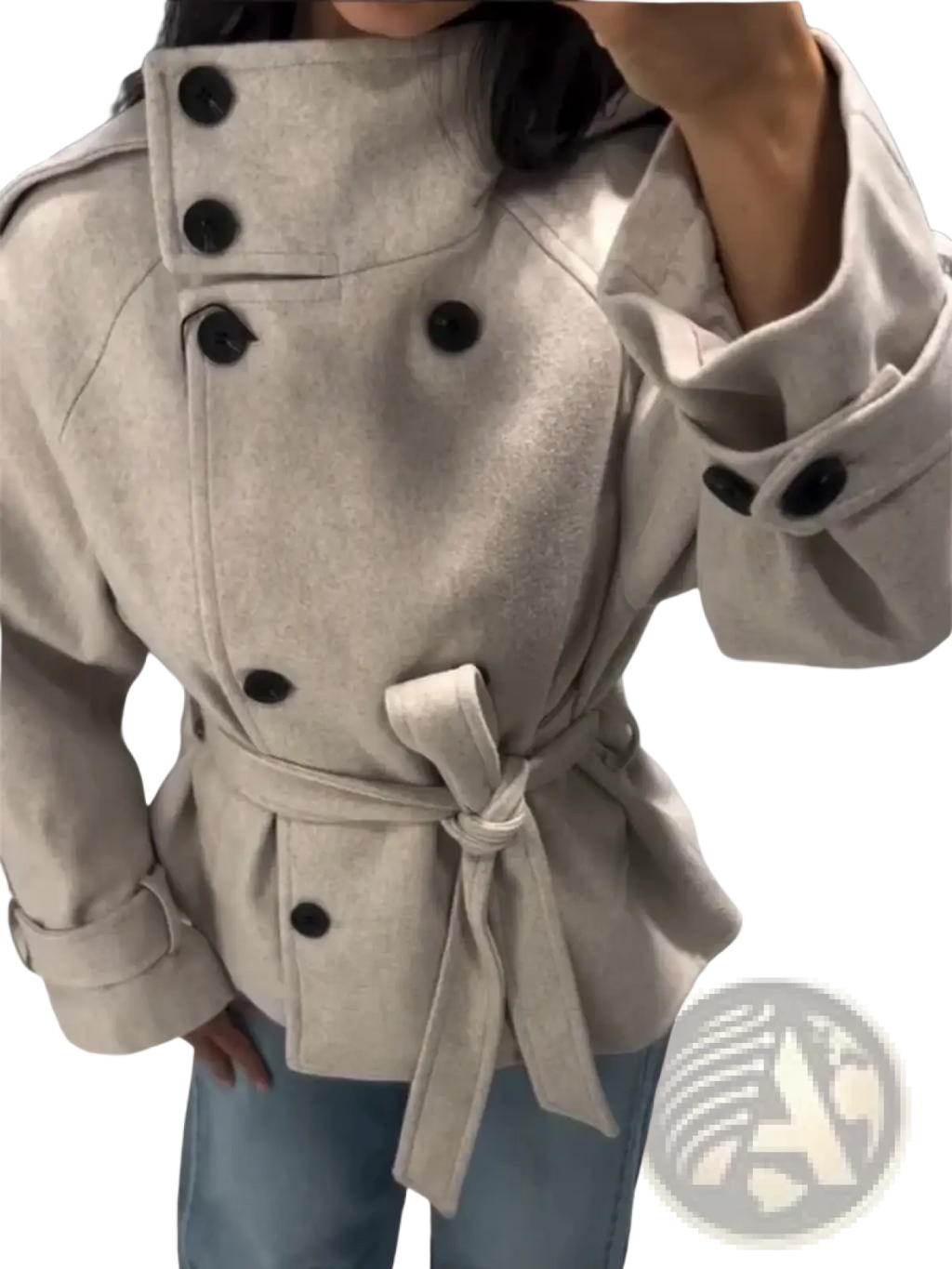 Beige wool belted short trench coat for women with black buttons and matched belt tied at the waist