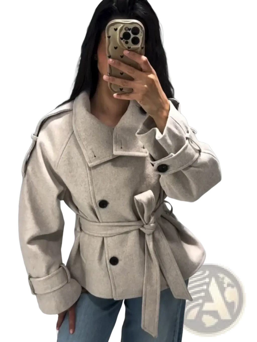 Beige wool belted short trench coat for women with black buttons and a self-tie belt front view