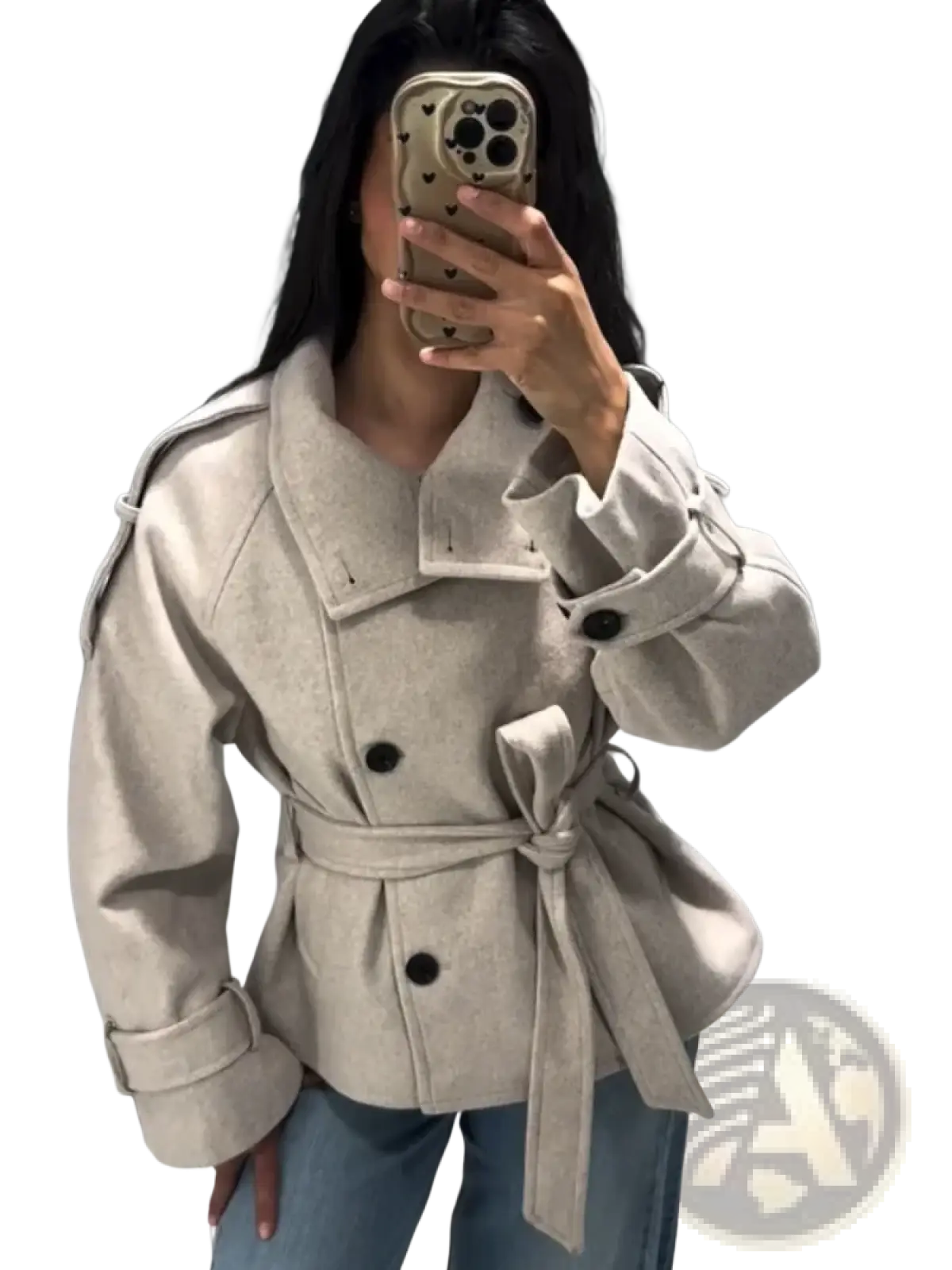 Beige wool belted short trench coat for women with black buttons and a self-tie belt front view