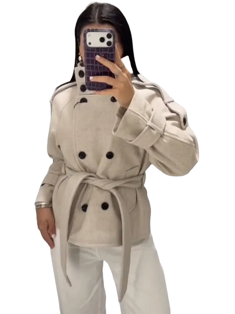 Beige wool double-breasted belted short trench coat for women with black buttons and matching belt