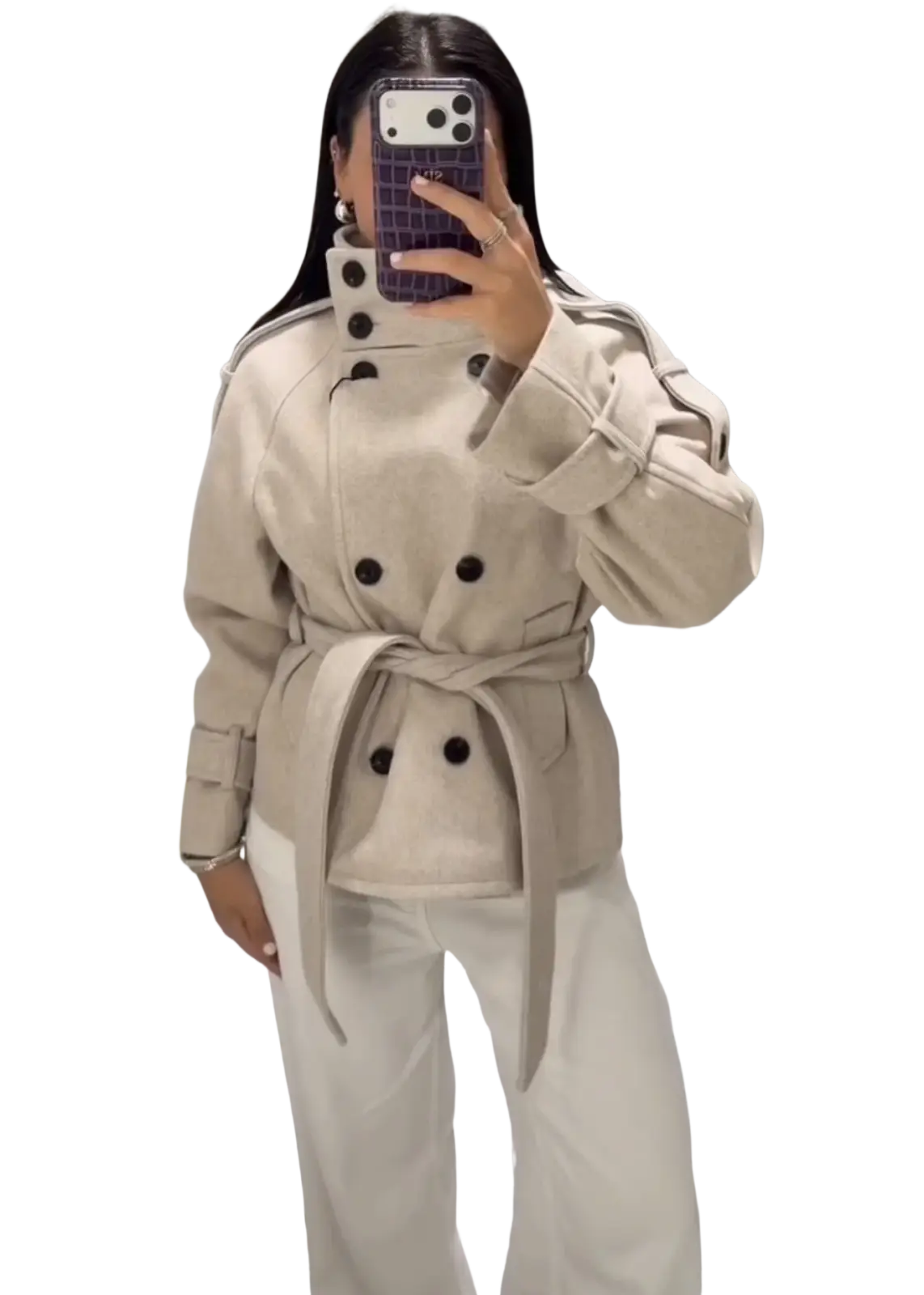 Beige wool belted short trench coat for women with double-breasted black buttons and a tailored waist design