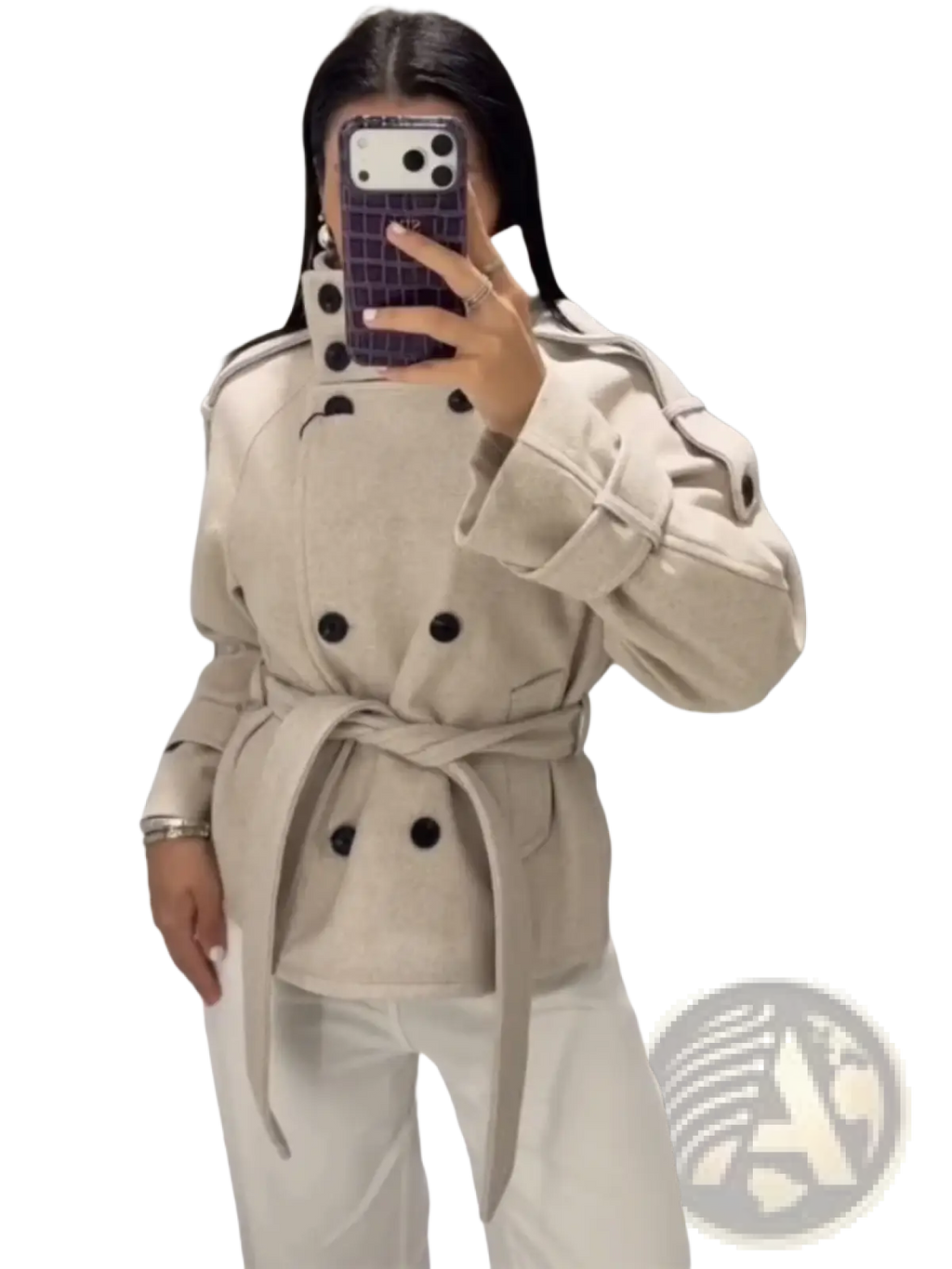 Beige wool double-breasted belted short trench coat for women with black buttons and matching belt