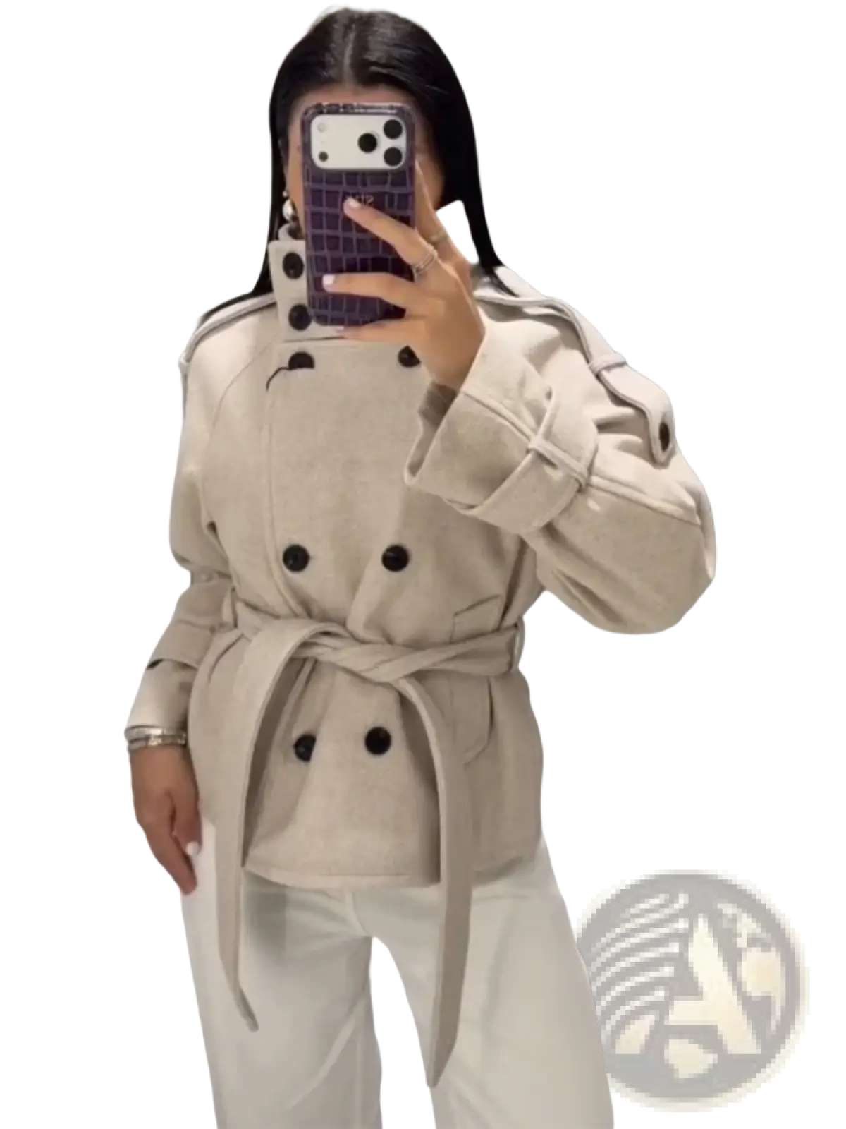 Beige wool double-breasted belted short trench coat for women with black buttons and matching belt
