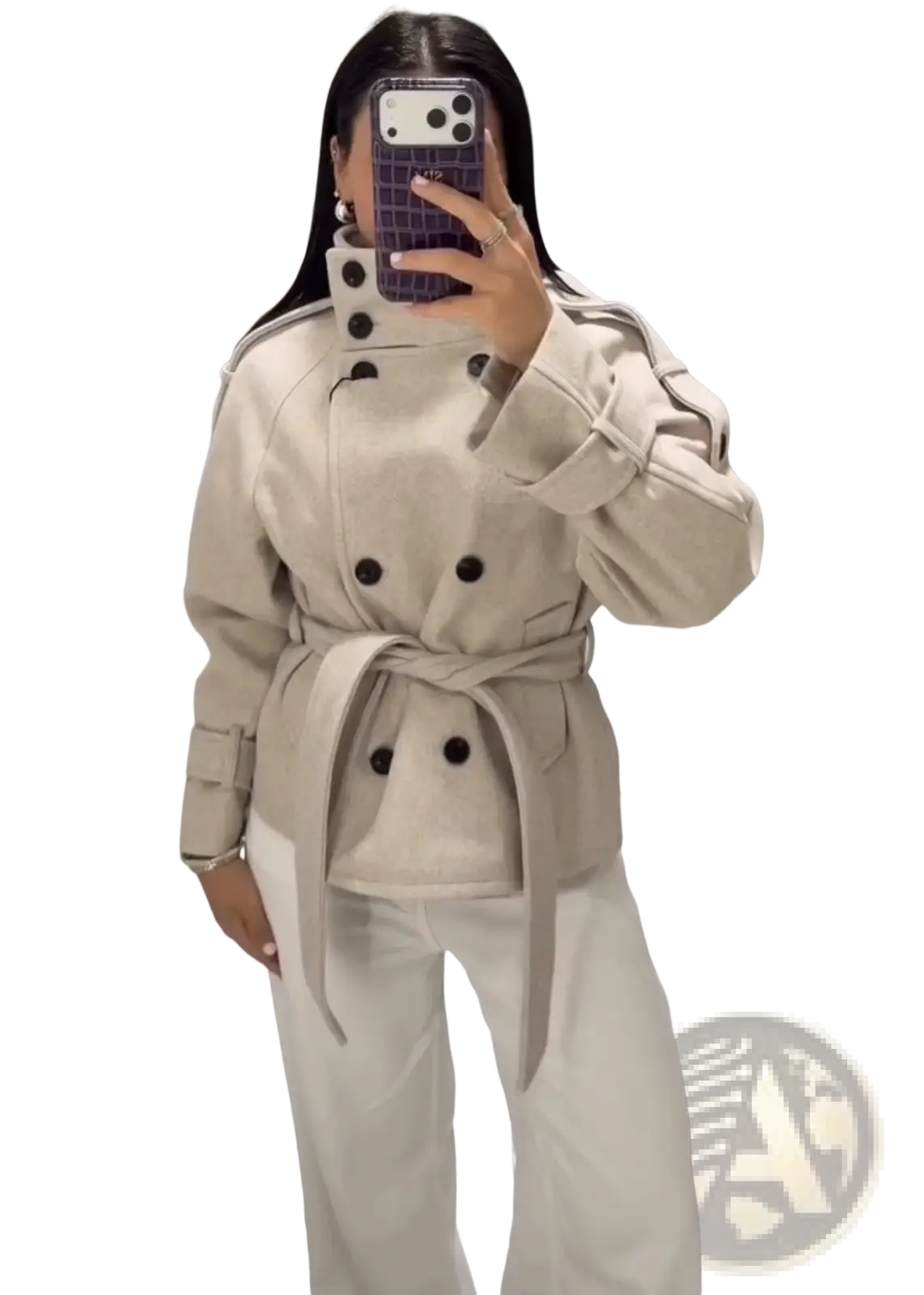 Beige wool belted short trench coat for women with double-breasted black buttons and a tailored waist design