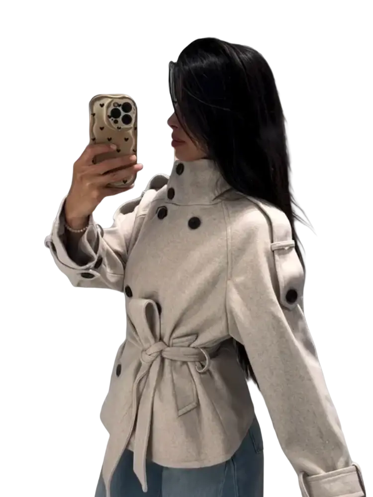 Beige wool short trench coat for women with black buttons and a belted waist for a tailored fit