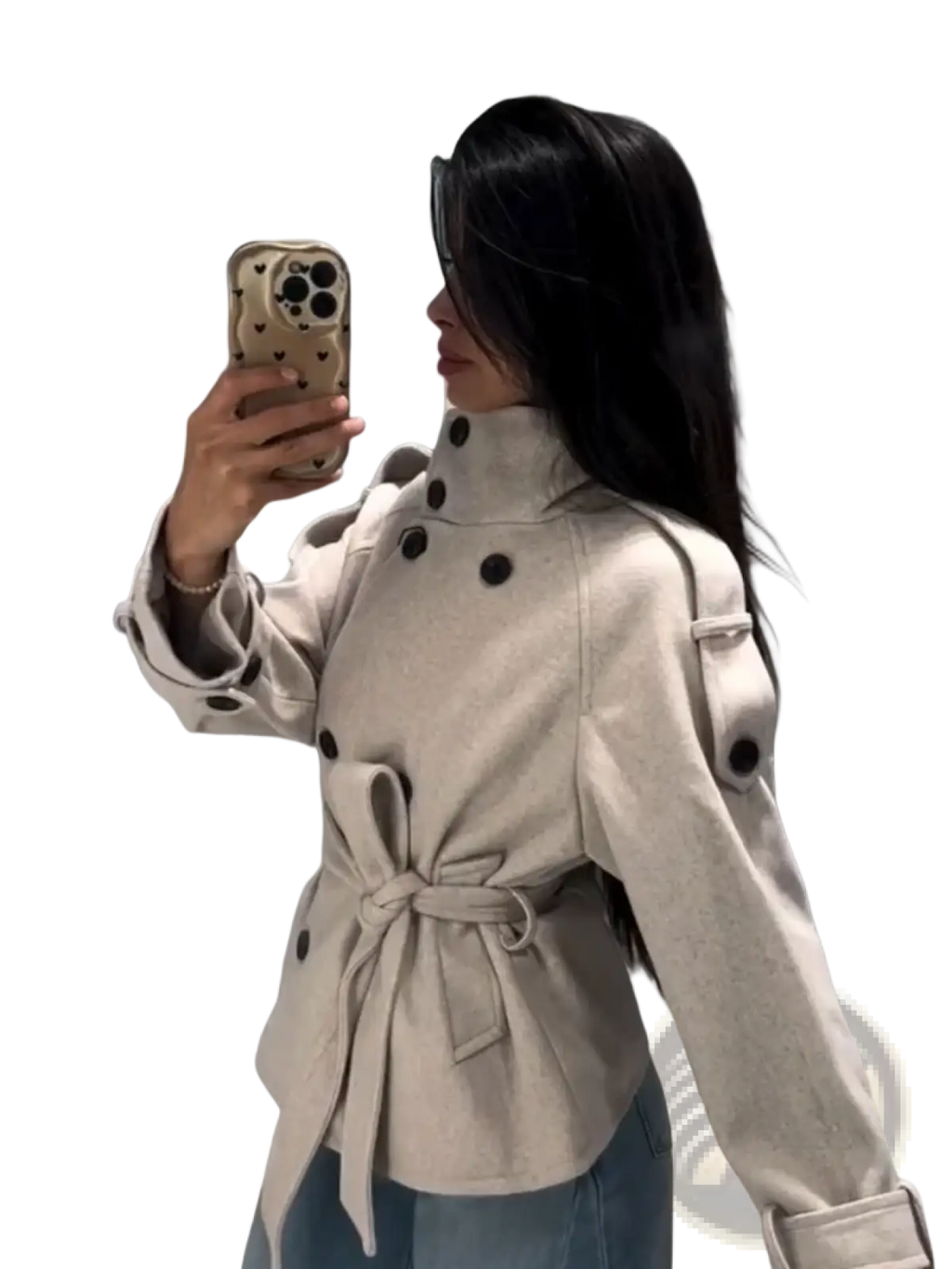 Beige wool short trench coat for women with black buttons and a belted waist for a tailored fit