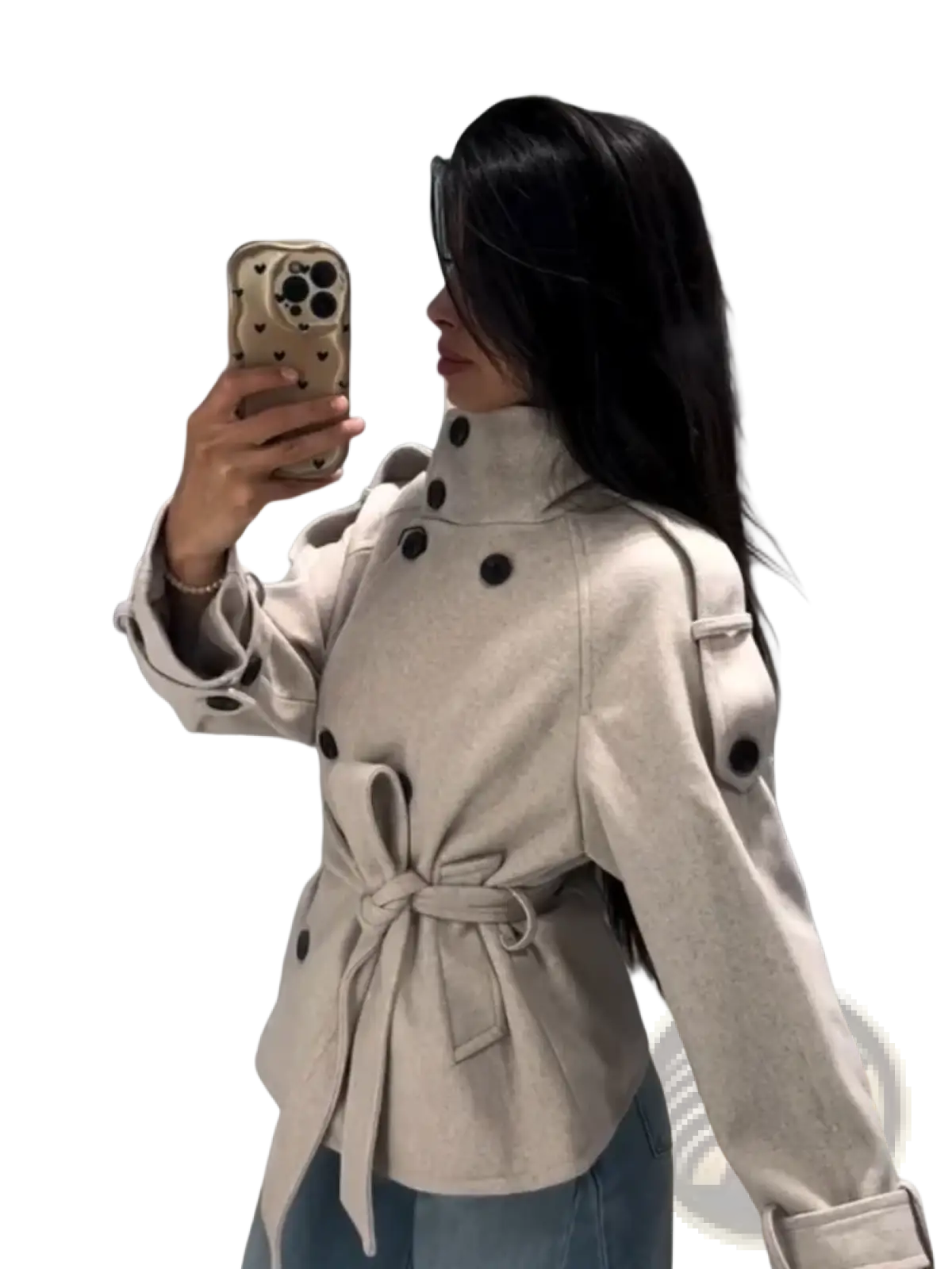Beige wool short trench coat for women with black buttons and a belted waist for a tailored fit