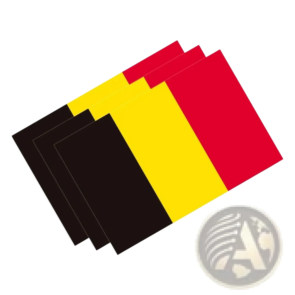 Set of three rectangular Belgian flag car stickers in black yellow and red made of waterproof PVC decals