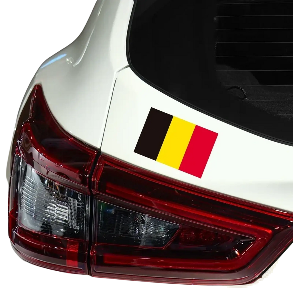 A rectangular pvc belgian flag car sticker with black yellow and red vertical stripes on the rear of a white car