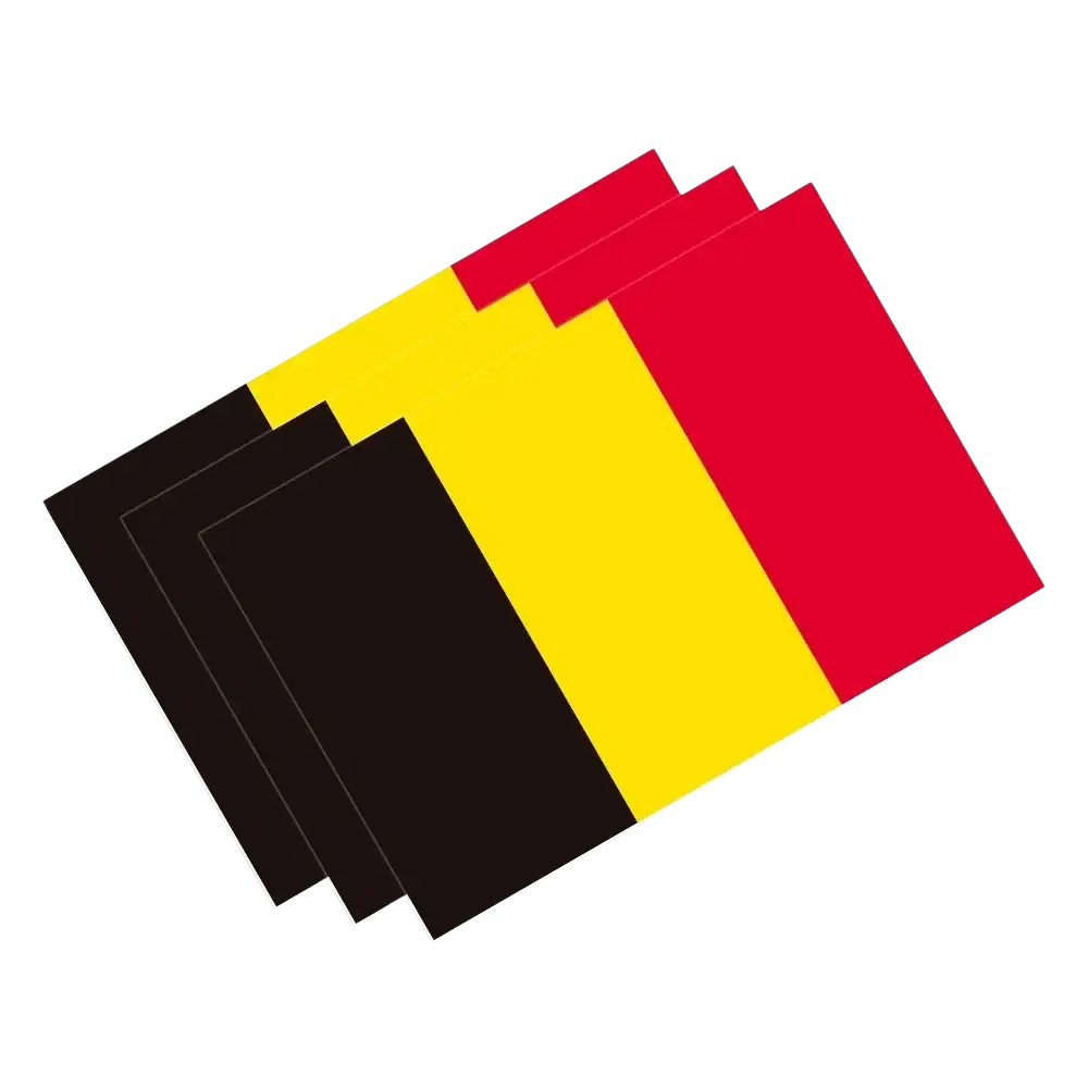 Set of three rectangular Belgian flag car stickers in black yellow and red made of waterproof PVC decals