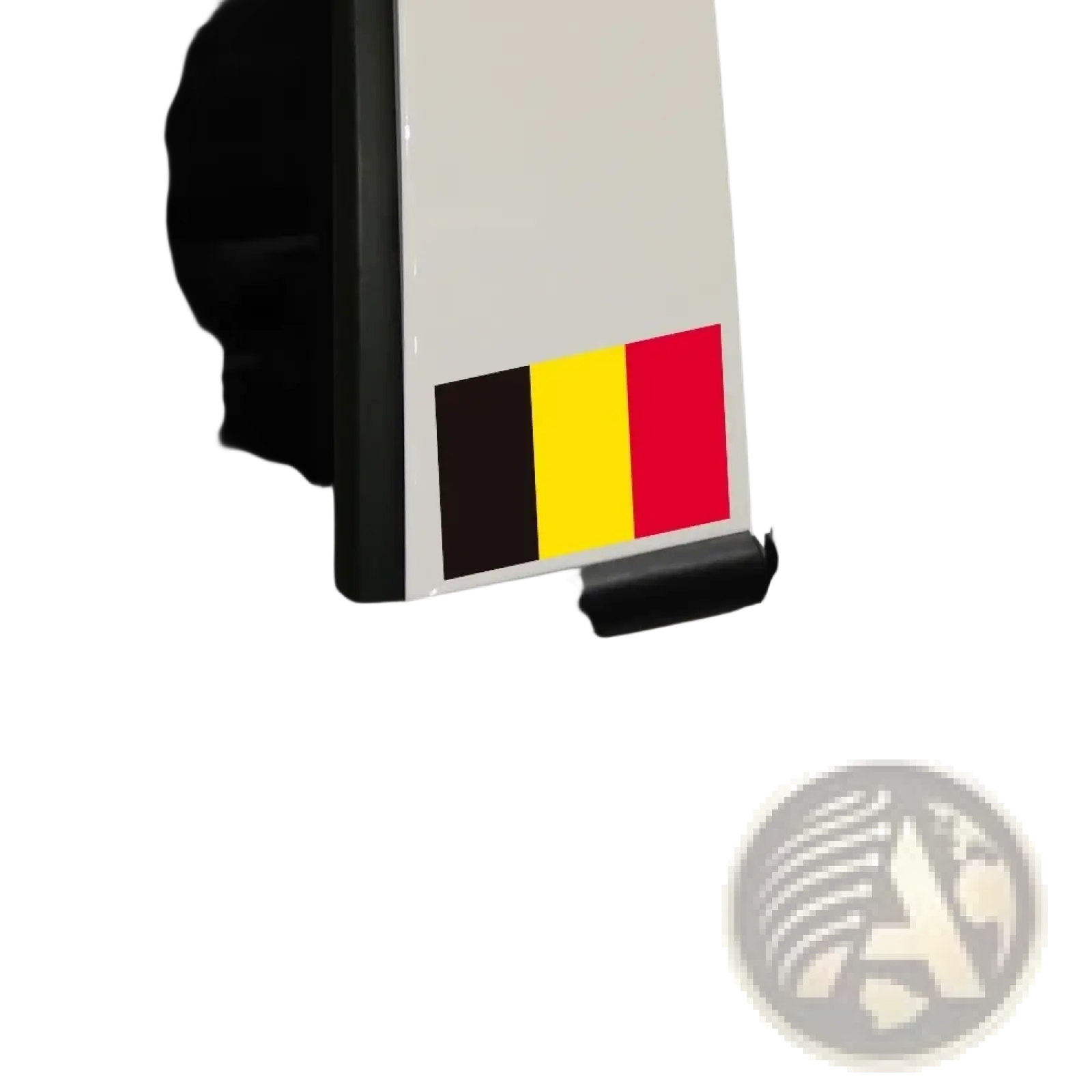 A sleek glossy black-framed Belgian flag car sticker with vertical black yellow red tricolor made of PVC waterproof material