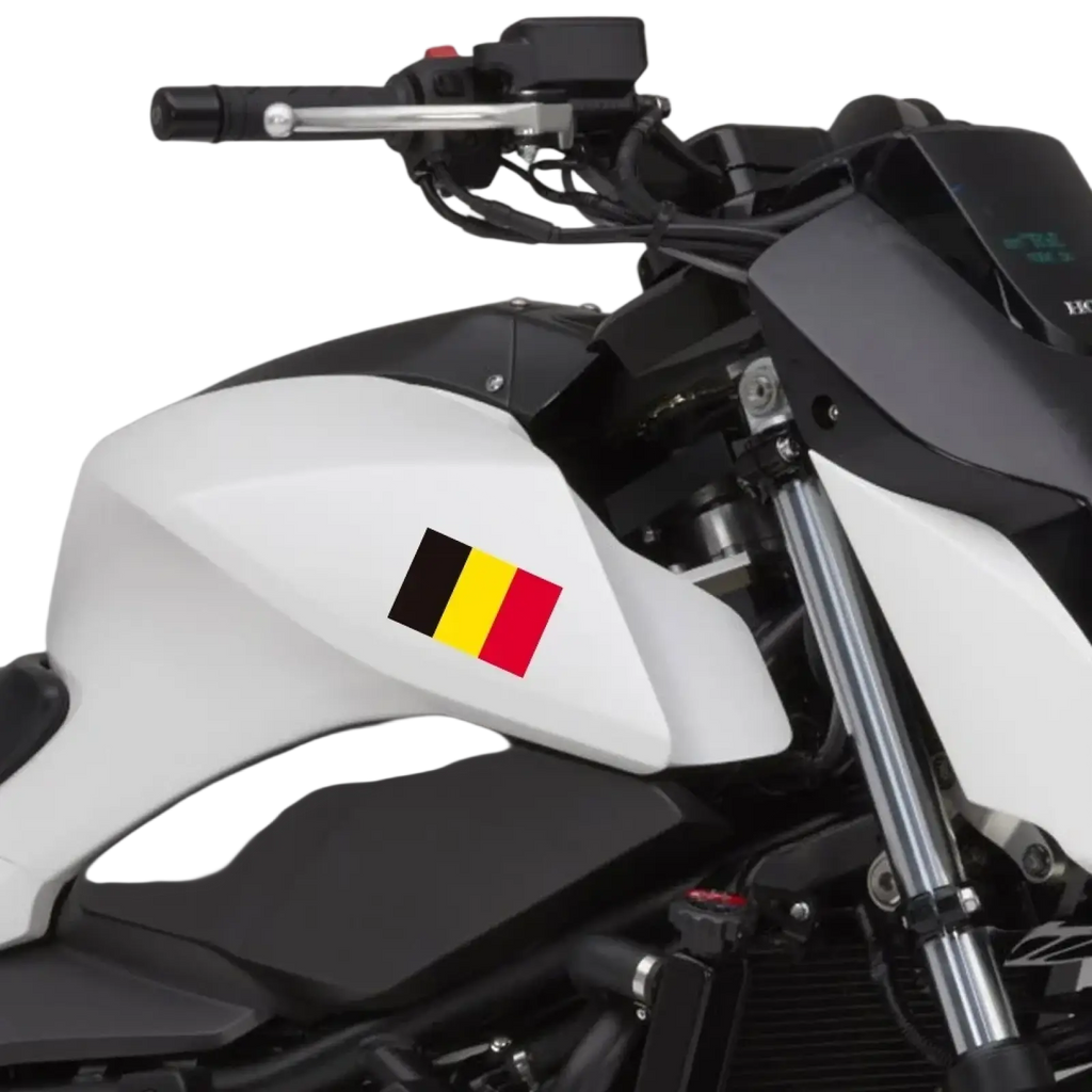 White and black motorcycle fuel tank with a prominent belgian flag pvc waterproof decal sticker