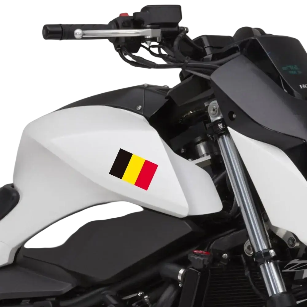 White and black motorcycle fuel tank with a prominent belgian flag pvc waterproof decal sticker