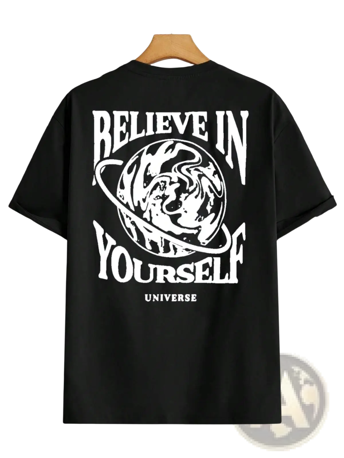 Back of black cotton men’s t-shirt with bold white believe in yourself universe graphic and swirling planet illustration