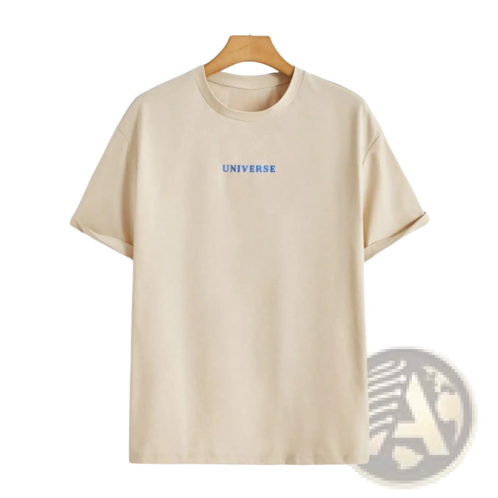 Beige cotton short-sleeved t-shirt with universe embroidered in blue on the chest from Believe in Yourself collection