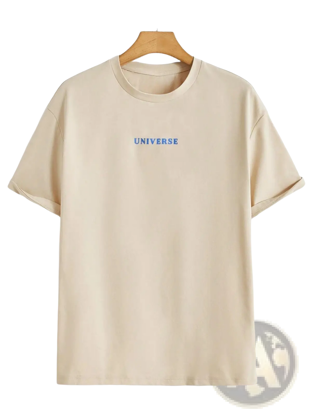 Beige short-sleeved cotton men’s t-shirt with universe embroidered in blue on the chest from Believe in Yourself collection
