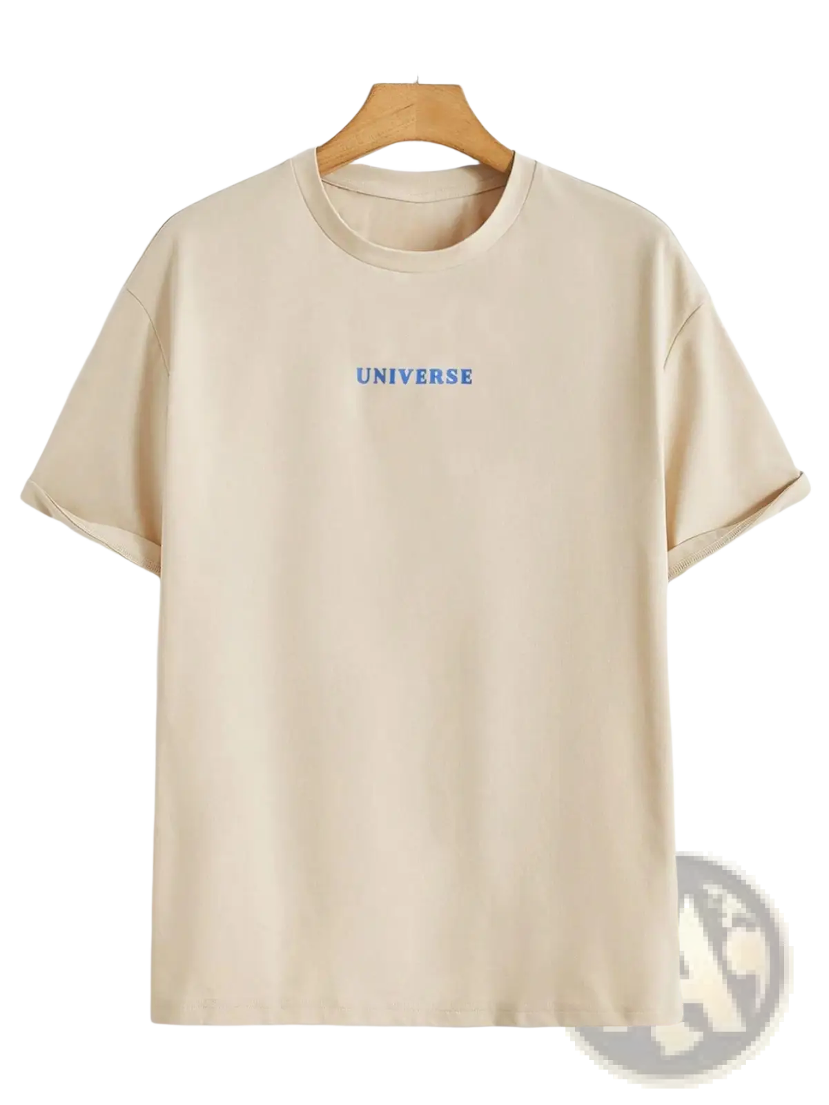 Beige short-sleeved cotton men’s t-shirt with universe embroidered in blue on the chest from Believe in Yourself collection