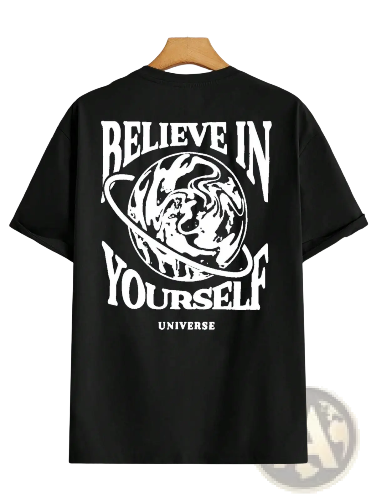 Back view of black cotton men’s t-shirt with bold white graphic text believe in yourself and planet illustration universe