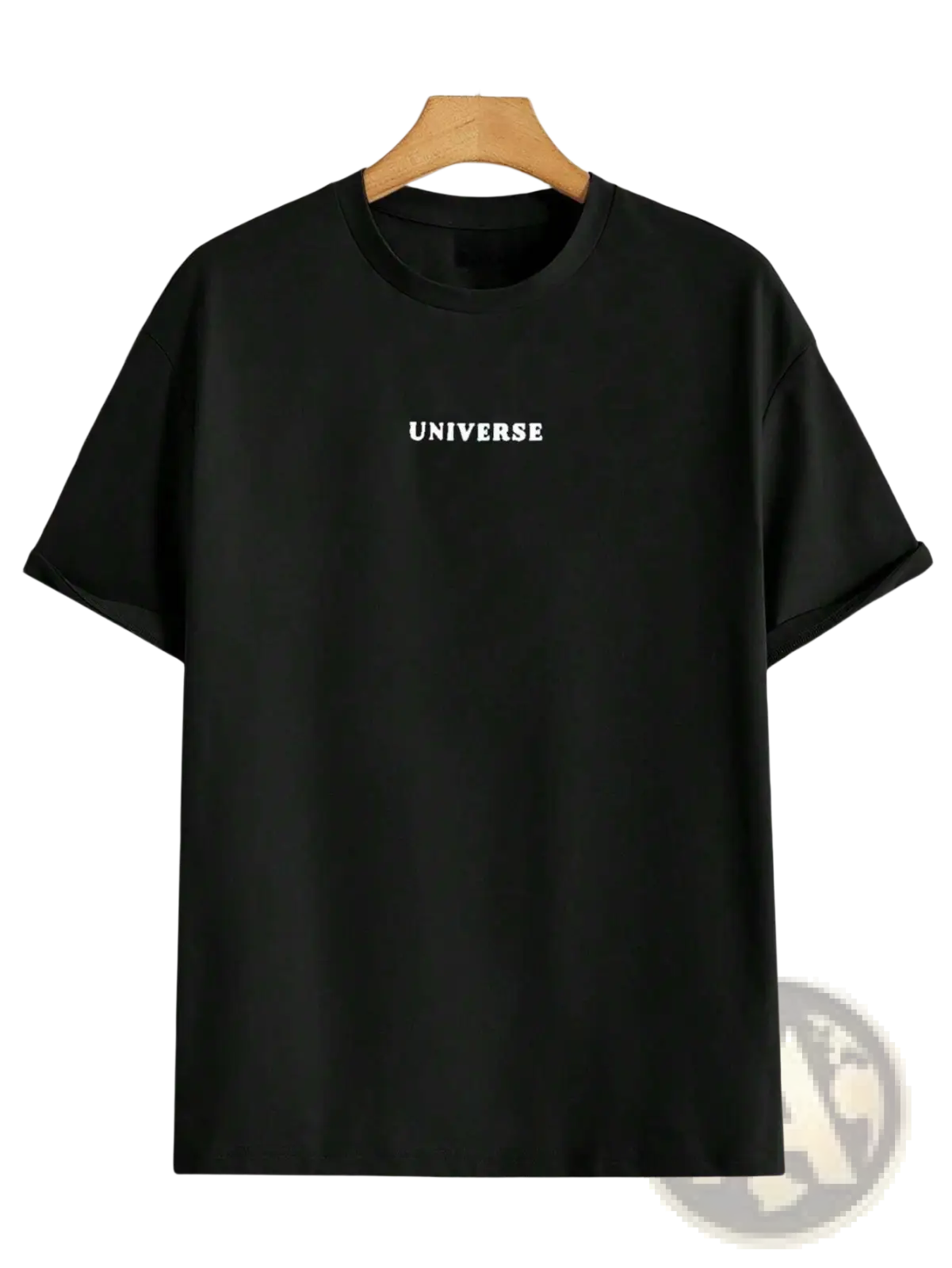 Black cotton men’s t-shirt with universe graphic printed in white across the chest from Believe in Yourself collection