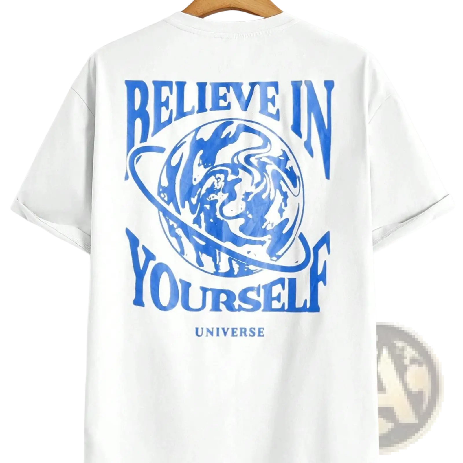 White cotton men’s t-shirt featuring a bold blue believe in yourself graphic with globe and universe accents