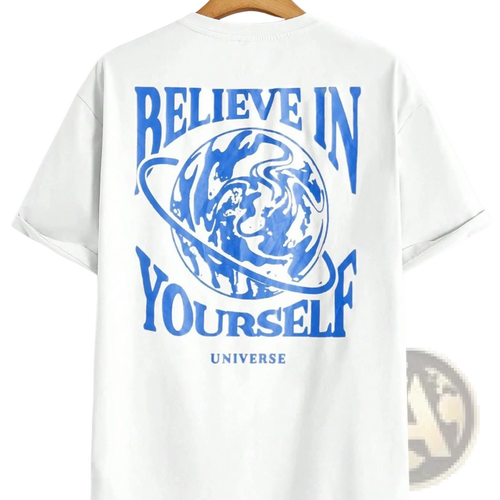 White cotton men’s t-shirt featuring a bold blue believe in yourself graphic with globe and universe accents