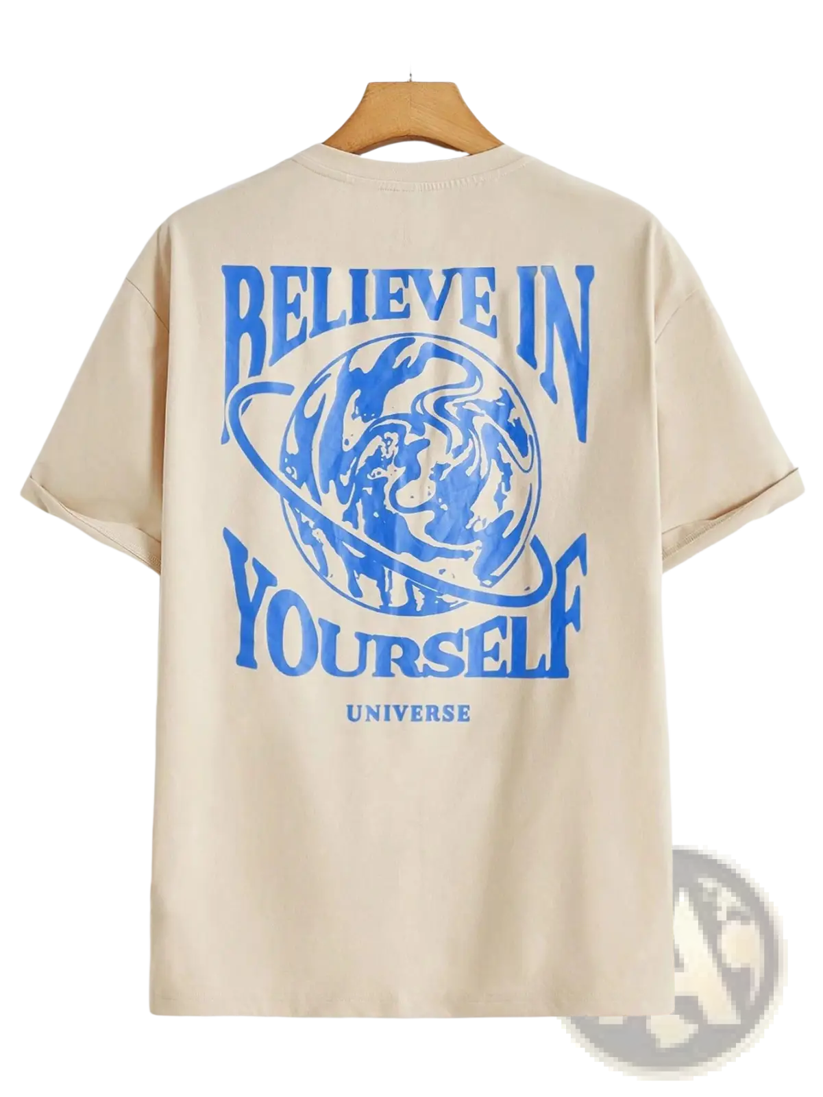Beige cotton men’s t-shirt with bold blue believe in yourself graphic and illustrated globe design on front