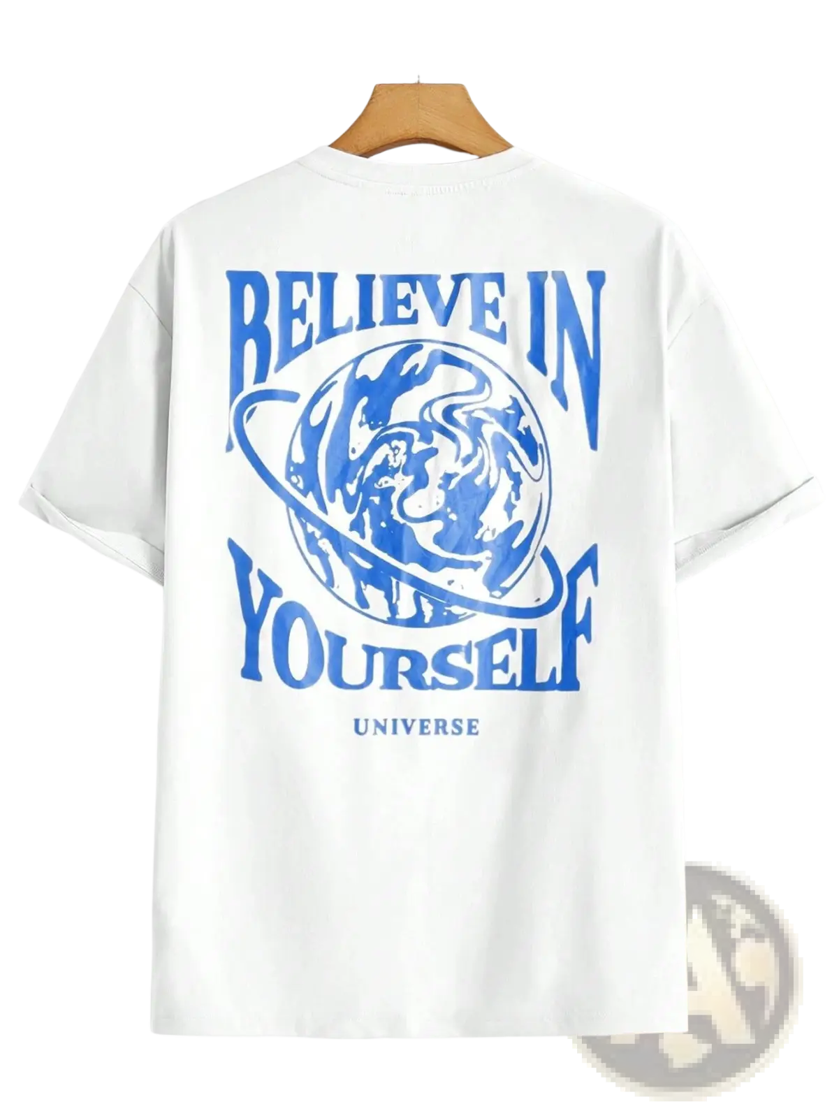 White cotton men’s t-shirt with bold blue believe in yourself universe graphic featuring a stylized planet design