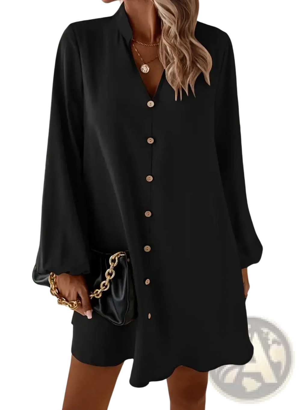 Black satin bell sleeve button down midi dress with long bell sleeves and scalloped hem for elegant occasions