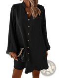 Black satin bell sleeve button down midi dress with long bell sleeves and scalloped hem for elegant occasions