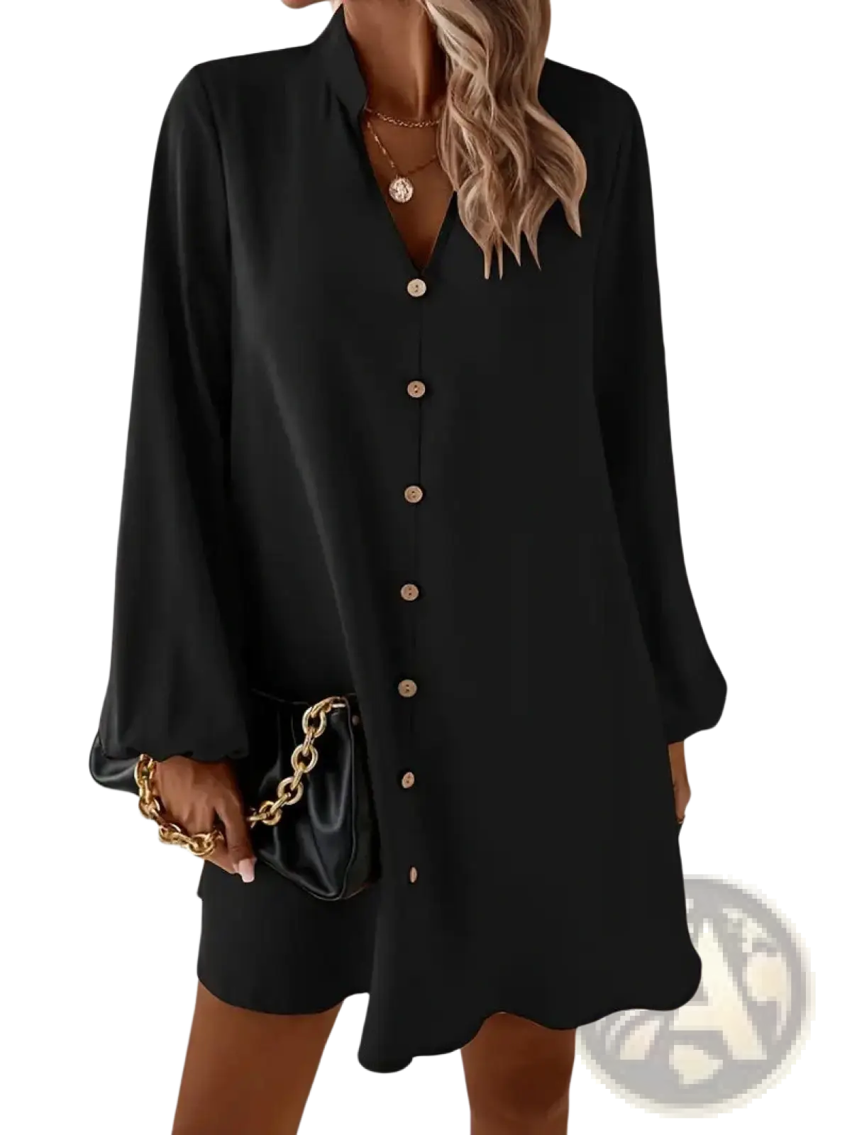 Black satin bell sleeve button down midi dress with long bell sleeves and scalloped hem for elegant occasions