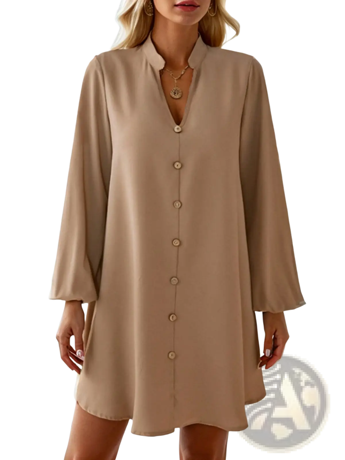 Beige bell sleeve button down midi dress with collar long sleeves made of lightweight fabric for elegant occasions