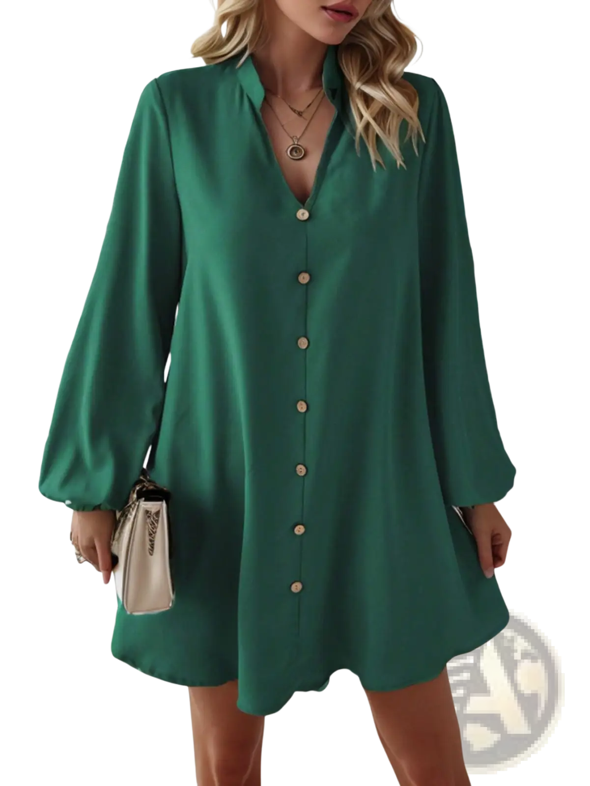 Emerald green bell sleeve button down midi dress with long sleeves v-neckline and flared cuffs
