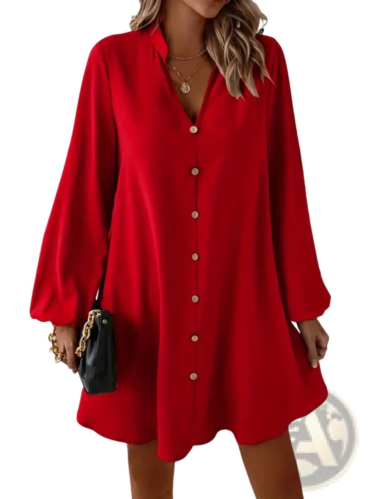 Vibrant red bell sleeve button down midi dress with v-neckline and flared hem in long-sleeved design