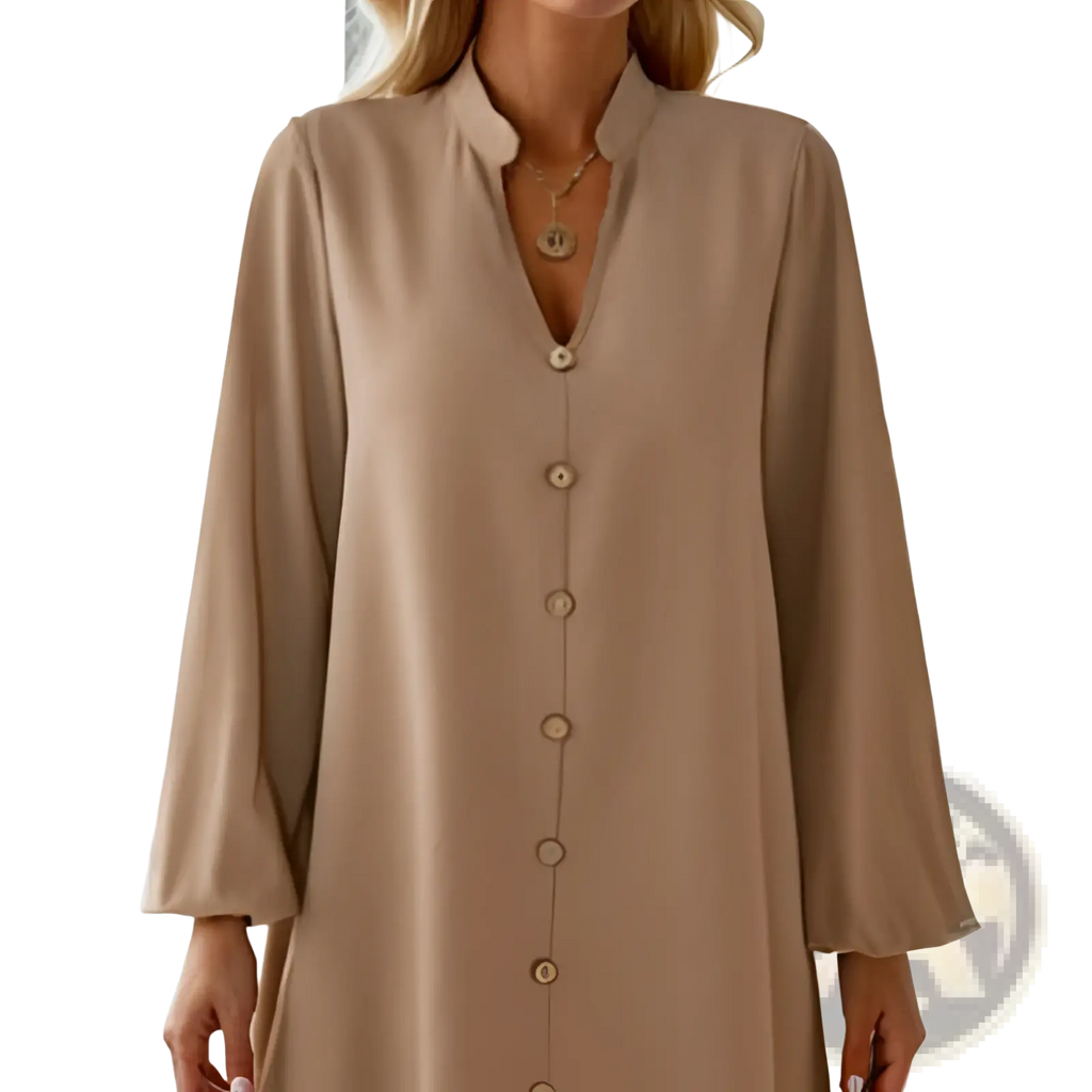 Beige bell sleeve button down midi dress with relaxed fit and long sleeves made from lightweight fabric
