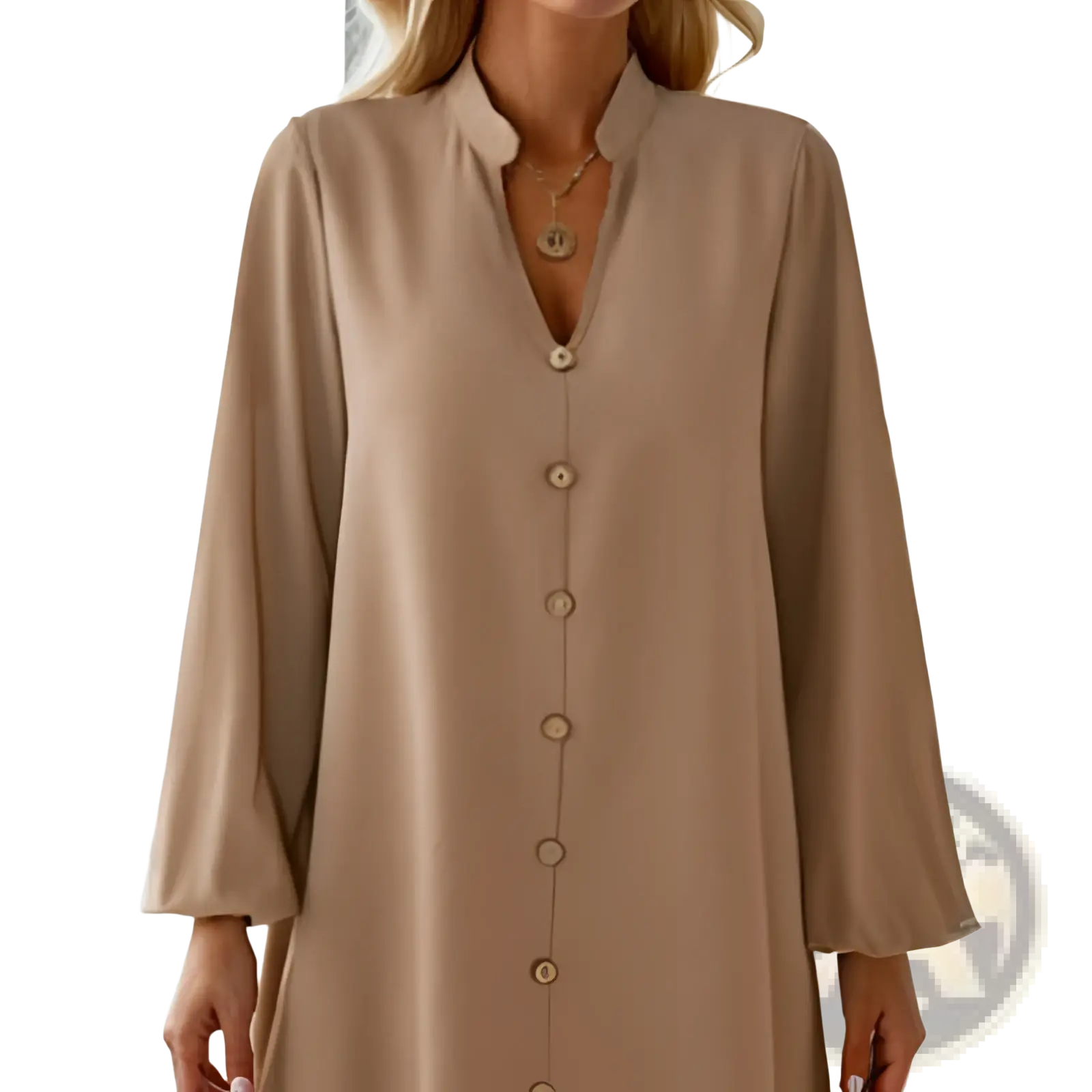 Beige bell sleeve button down midi dress with relaxed fit and long sleeves made from lightweight fabric