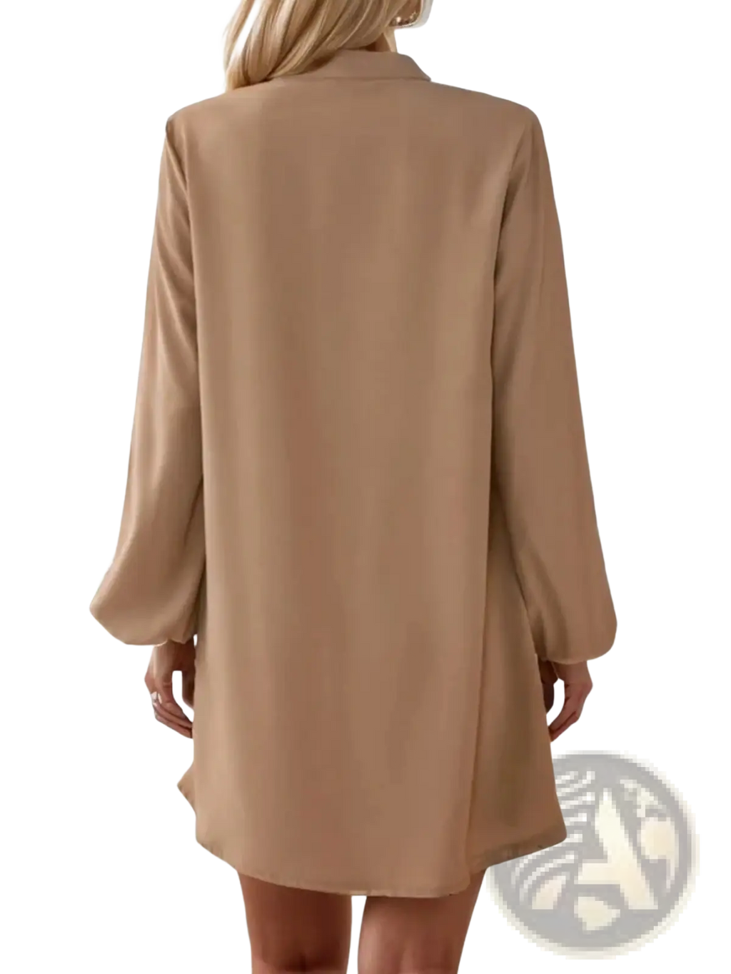 A flowing beige bell sleeve button down midi dress with a relaxed fit and soft fabric for comfortable wear